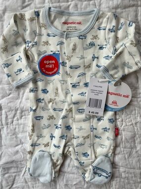 Magnetic Me Cream Footed One-Piece with Blue and Tan Airplane Print